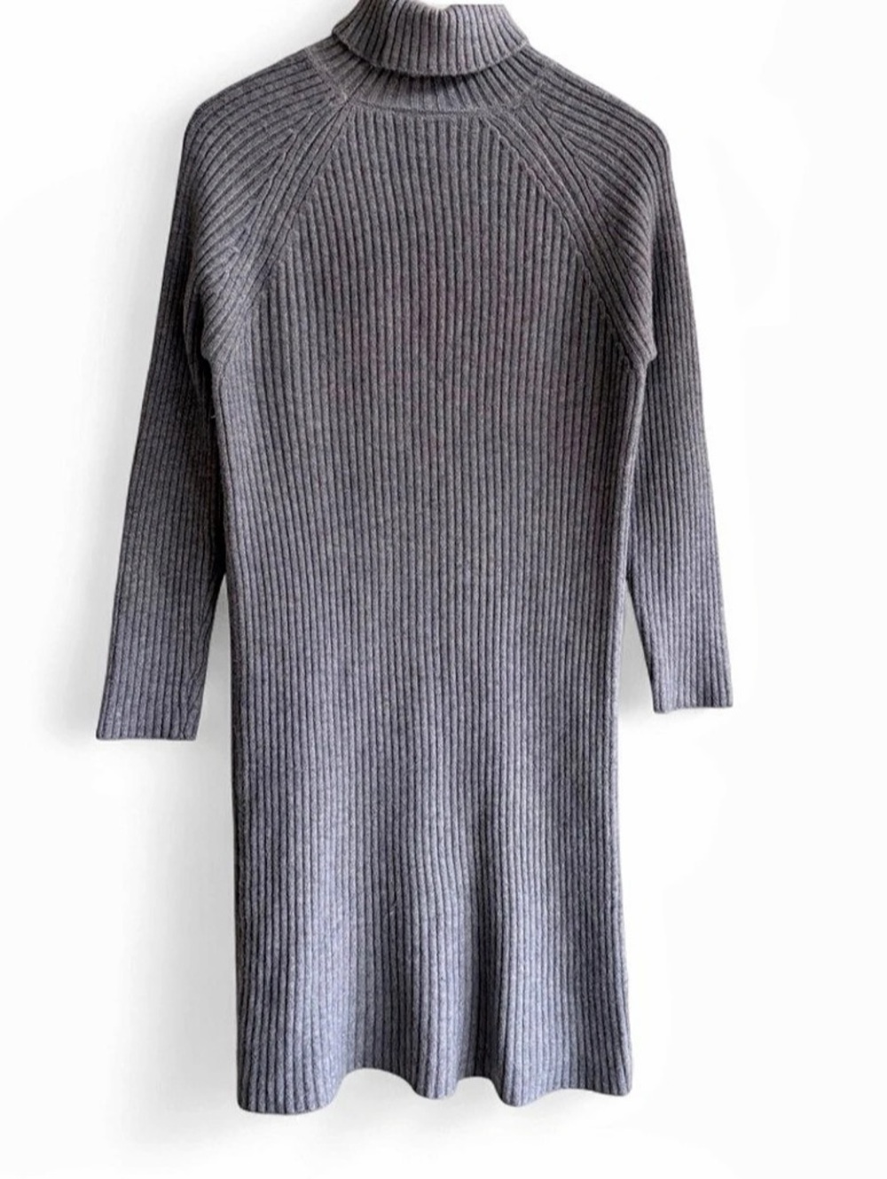 Fold Over Turtleneck Heather Gray Knit Ribbed Sweater Dress - MEDIUM